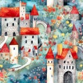 Whimsical watercolor seamles pattern with cartoon medieval castles. Intricate background with towers and flowers for textile