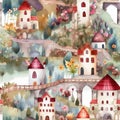 Whimsical watercolor seamles pattern with countryside houses. Intricate background with houses and flowers for textile fabric.