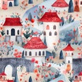 Whimsical watercolor seamles pattern with medieval houses. Intricate background with towers and flowers, texture design for gift