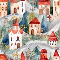 Whimsical watercolor seamles pattern with medieval towers. Intricate background with houses and flowers for textile fabric.