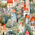 Whimsical watercolor seamles pattern with medieval town. Intricate background with houses, towers and flowers