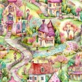 Whimsical watercolor seamless pattern with fairy houses. Intricate background with fairyland, elven houses for gift wrap.