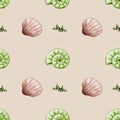 Whimsical watercolor shell pattern for fabric and packaging design Royalty Free Stock Photo