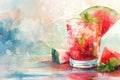 A whimsical watercolor of a watermelon cocktail, infused with the lightness