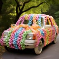 Whimsical wedding vehicle adorned with vibrant ribbons