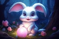 A Whimsical White Bunny Guardianship of Mystic Blue Orbs. Generative AI