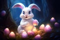 A Whimsical White Bunny Guardianship of Mystic Blue Orbs. Generative AI