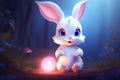 A Whimsical White Bunny Guardianship of Mystic Blue Orbs. Generative AI