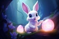 A Whimsical White Bunny Guardianship of Mystic Blue Orbs. Generative AI