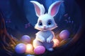 A Whimsical White Bunny Guardianship of Mystic Blue Orbs. Generative AI