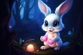 A Whimsical White Bunny Guardianship of Mystic Blue Orbs. Generative AI