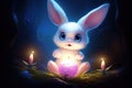 A Whimsical White Bunny Guardianship of Mystic Blue Orbs. Generative AI