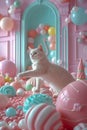 Whimsical White Cat in a Fantasy Candy Land Setting with Pastel Colors