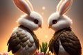 Whimsical white fluff monsters, blend of rabbits and birds, strange Easter icon. AI generated