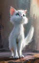 Whimsical White Kitten: A Digital Tale of Blue Eyes, Feathered Friends, and Kind Expressions