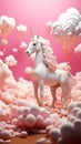 Whimsical white unicorn on a pink pastel canvas, surrounded by floating clouds and balloons