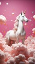 Whimsical white unicorn on a pink pastel canvas, surrounded by floating clouds and balloons