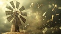 A whimsical windmill with dollar bill blades amidst floating keys, suggesting concepts of investment, opportunity, and unlocking