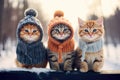 whimsical winter scene, cute cats adorned in stylish clothes playfully explore a snowy landscape.