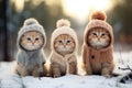 whimsical winter scene, cute cats adorned in stylish clothes playfully explore a snowy landscape.