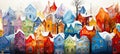 Whimsical winter town with colorful houses