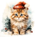 Festive Feline Elegance: Watercolor Winter Cat Portrait wearing Santa Hat