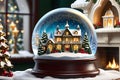 Whimsical Winter Wonderland: Snow Globe Containing a Miniature Winter Village Amidst a Swirling Snowfall, Christmas Decorations