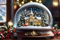 Whimsical Winter Wonderland: Snow Globe Containing a Miniature Winter Village Amidst a Swirling Snowfall, Christmas Decorations