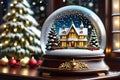 Whimsical Winter Wonderland: Snow Globe Containing a Miniature Winter Village Amidst a Swirling Snowfall, Christmas Decorations