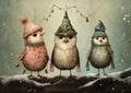 Whimsical Winter Wonderland: Three Adorable Birds in Festive Hat