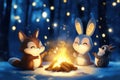 Whimsical woodland creatures around campfire in magical forest night scene Royalty Free Stock Photo
