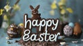 Whimsical Woodland Easter Delight with Chocolate Bunnies and Golden Greetings.
