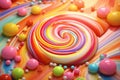 In whimsical world of candy land, rainbow of gummy candies, lollipops, and caramels melt into sweet, striped fantasy, creating Royalty Free Stock Photo