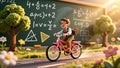 A whimsical young student cycles past a school chalkboard Royalty Free Stock Photo