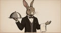 A whimsically illustrated anthropomorphic rabbit is dressed in a formal black Royalty Free Stock Photo