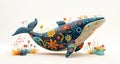 A whimsically illustrated whale adorned with vibrant floral and folk patterns, floating amidst stylized aquatic flora. Cute fish