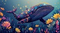 A whimsically illustrated whale adorned with vibrant floral and folk patterns, floating amidst stylized aquatic flora