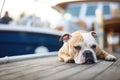 whining dog at the edge of a boat deck