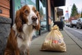 whining dog near a grocery bag full of treats