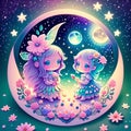 A whinsical scene with fairies, flowers, moon and stars, magical creatures, pastel color, 8k, printable