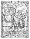 Whip card from the oracle Old Marine Lenormand deck with the sailor`s hand. Nautical vintage background, coloring book page, t-