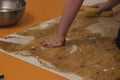 whiping down wooden subflooring with a sponge Royalty Free Stock Photo