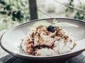 whipped cream with berry and oatmeal, delicious dessert, toned