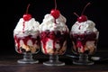 whipped cream and cherries atop ice cream sundaes