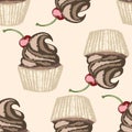 Whipped cream and cherry on beige background