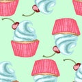 Whipped cream and cherry on light-green background