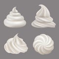 Whipped cream. Delicious liquid food ingredients for cooking cakes cream swirls decent vector realistic illustrations