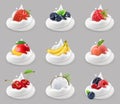 Whipped cream with fruits and berries, vector icon set