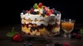 Whipped cream on layers of sponge cake, fruit, custard in glass trifle. Mix of textures and flavors