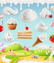 Whipped cream, milk, cream, ice cream, cake, cupcake, candy, mesh illustration Royalty Free Stock Photo